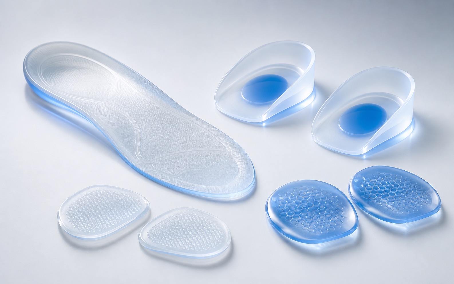 Medical-grade silicone orthopedic insoles heel cups and cushions